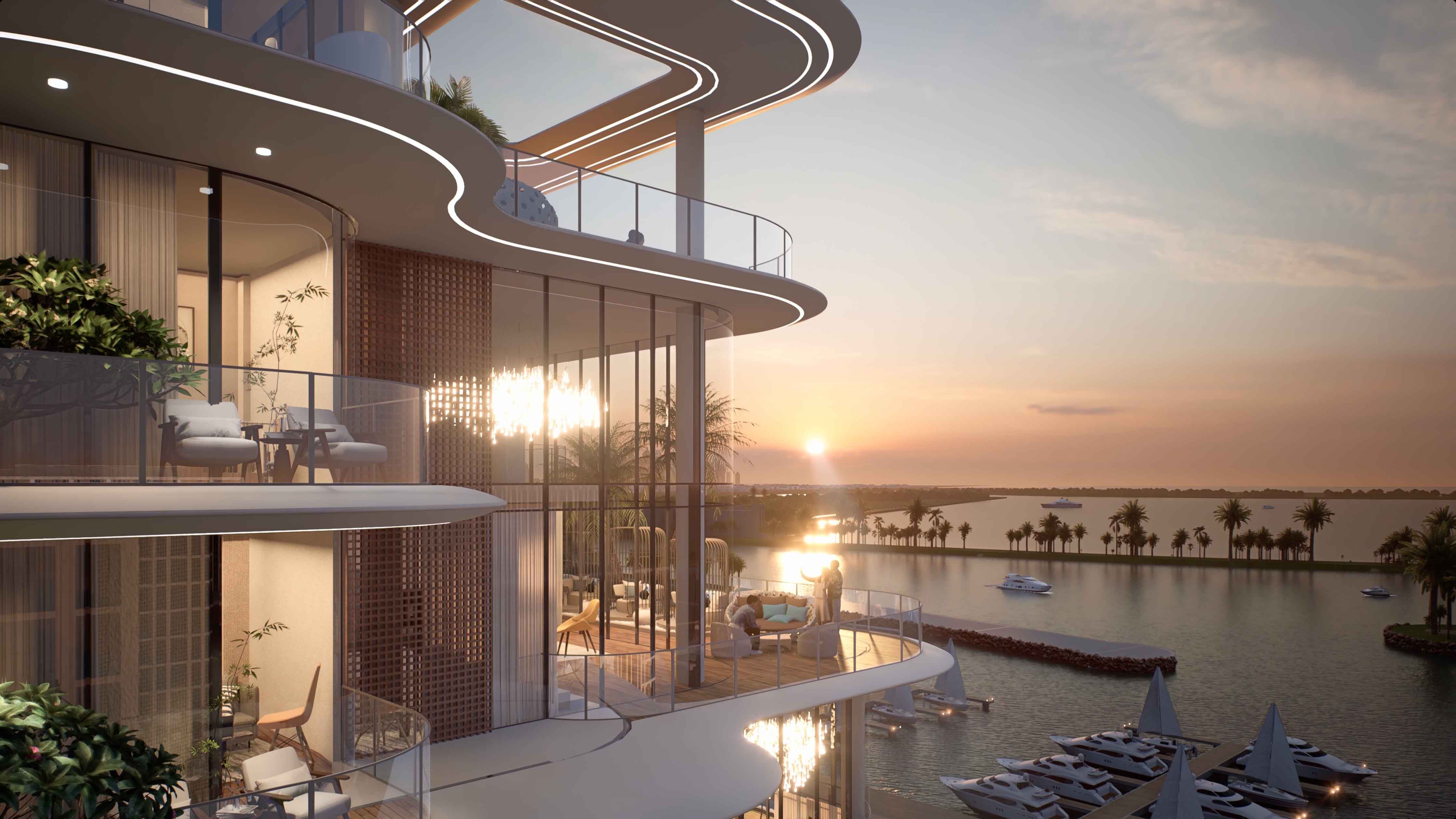 Cotier House By Imtiaz A modern waterfront building at sunset, featuring balconies with seating, palm trees, and yachts in the background.
